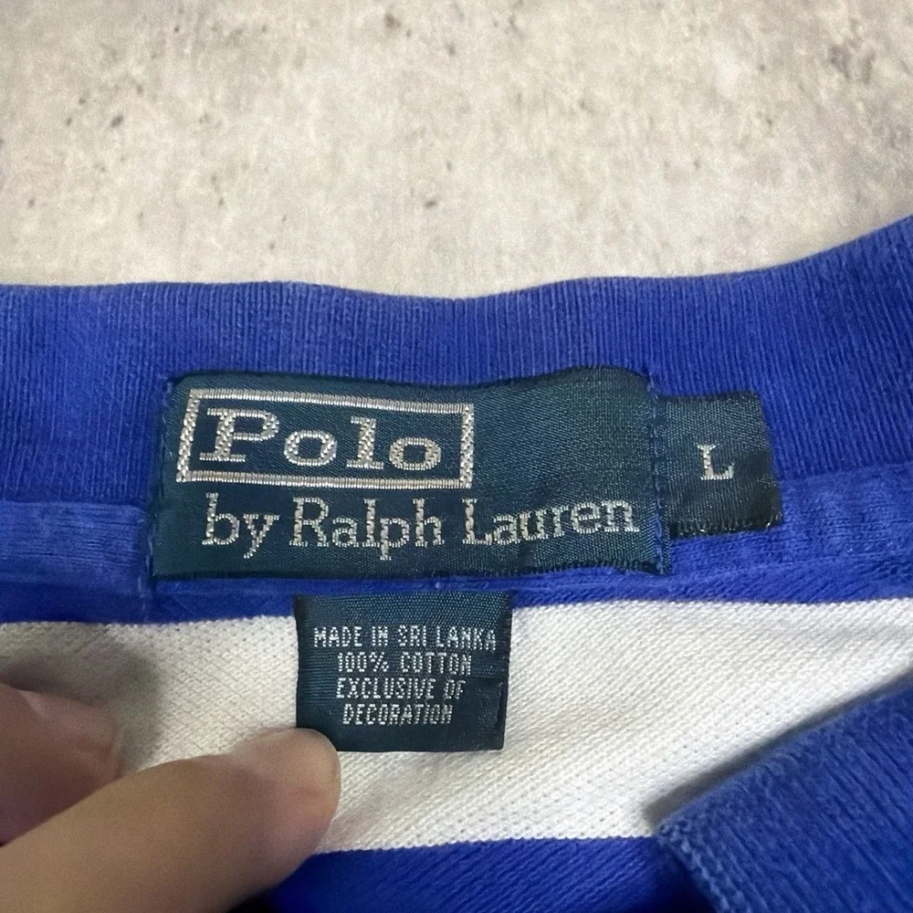 Vintage Polo Ralph Lauren Polo Shirt Mens L Blue Striped Short Sleeve Collared